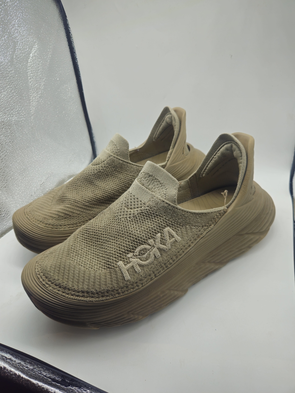 Hoka One One Men's Restore TC  Slip-On Knit Sneakers in Beige Size 12